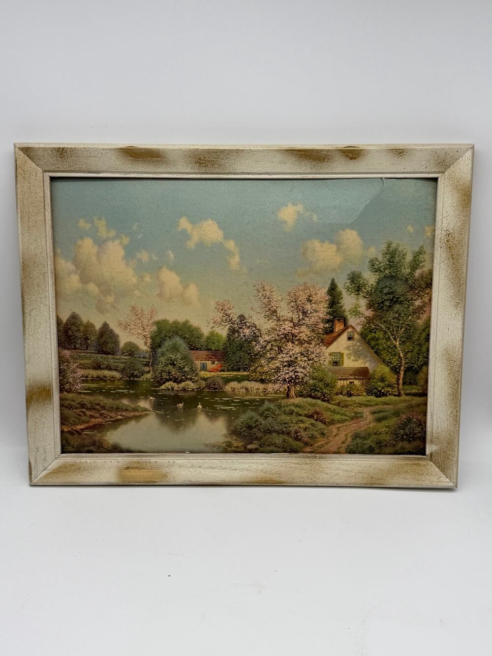 Vintage Country Cottage & Pond Framed Landscape Print - 18”x14”